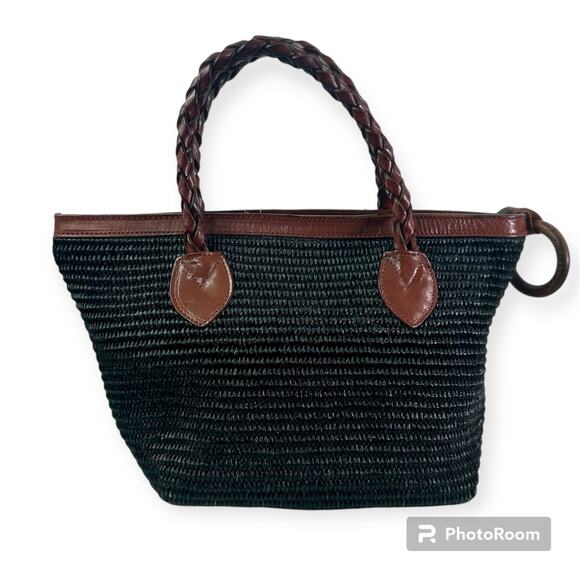 Dillard's VTG Black Fiber & Brown Genuine Leather Trim Hand Bag Tote Purse Italy - Picture 2 of 10